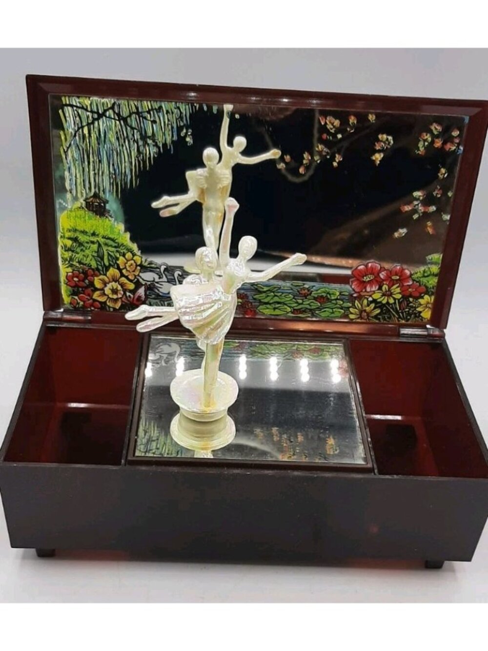 Vintage Yaps Mirrored Jewelry Wind Up Musical Box Ballet Figures Swan Lake